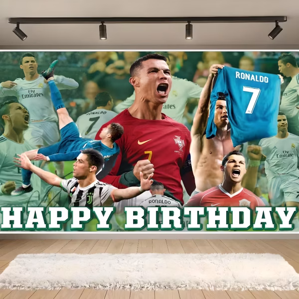 Background Textil Ronaldo Happy Birthday COD 712B Background textil premium pentru arcada cu tematica fotbal colaj Cristiano Ronaldo si mesajul Happy Birthday.