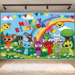 Background Textil Sprunki Happy Birthday (COD 711B) Background textil aniversare petrecere tematica Sprunki cu personaje colorate, curcubeu si mesajul Happy Birthday.
