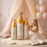 Balon Folie Castel Printesa Roz si Auriu, Decor Petrecere, 86x74 cm Fetita fericita jucandu-se cu un balon din folie gigant in forma de castel auriu si roz, intr-un decor de poveste creat cu un cort diafan si ghirlande luminoase.