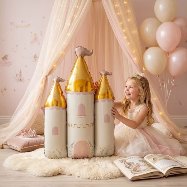 Balon Folie Castel Printesa Roz si Auriu, Decor Petrecere, 86x74 cm Fetita fericita jucandu-se cu un balon din folie gigant in forma de castel auriu si roz, intr-un decor de poveste creat cu un cort diafan si ghirlande luminoase.