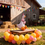 Balon Folie Gasca Airwalker cu Papion si Coif Roz, 79x64 cm Balon din folie gigant tip Airwalker in forma de gasca, cu picioare mari aurii, purtand un coif si un papion roz pastel cu buline albe, dimensiune 79x64 cm.