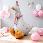 Balon Folie Gasca Airwalker cu Papion si Coif Roz, 79x64 cm Balon din folie gigant tip Airwalker in forma de gasca, cu picioare mari aurii, purtand un coif si un papion roz pastel cu buline albe, dimensiune 79x64 cm.