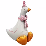 Balon Folie Gasca Airwalker cu Papion si Coif Roz, 79x64 cm Balon din folie gigant tip Airwalker in forma de gasca, cu picioare mari aurii, purtand un coif si un papion roz pastel cu buline albe, dimensiune 79x64 cm.