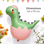 Specificatii tehnice si dimensiuni pentru balonul din folie pui de dinozaur bebe, masurand 64 centimetri latime pe 70 centimetri inaltime in stare neumflata.
