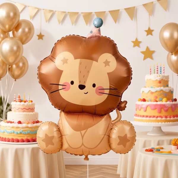 Balon Folie Pui de Leu Safari cu Coif, Decor Petrecere, 55x70 cm Balon din folie gigant in forma de pui de leu safari simpatic, purtand un coif de petrecere, asezat in centrul unui decor festiv cu tort si baloane aurii.