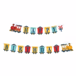 ghirlanda carton Happy Birthday model locomotiva si vagoane colorate.