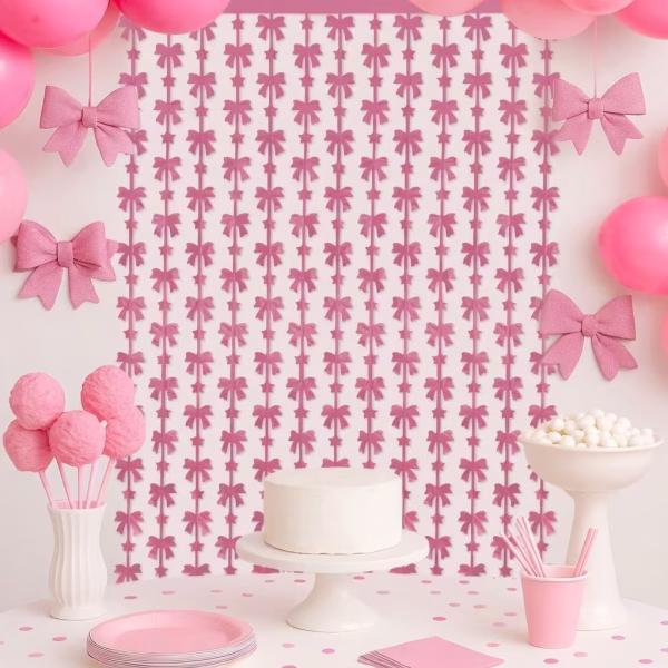 Perdea Decorativa Party Roz cu Fundite 1x2 Metri Perdea decorativa party roz cu fundite pentru photo corner si candy bar petreceri fete.