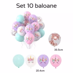 Set 10 Baloane Latex Unicorni 25 cm Buchet de 10 baloane latex culori pastelate cu imprimeu unicorn si baloane transparente cu confetti pentru petreceri fete.
