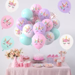 Set 10 Baloane Latex Unicorni 25 cm Buchet de 10 baloane latex culori pastelate cu imprimeu unicorn si baloane transparente cu confetti pentru petreceri fete.