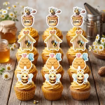 Set 12 Toppere Tort si Briose Albinute Honey set 12 toppere albinute honey carton decoratiuni tort briose cupcakes fete baieti petrecere botez candy bar miere albinuta
