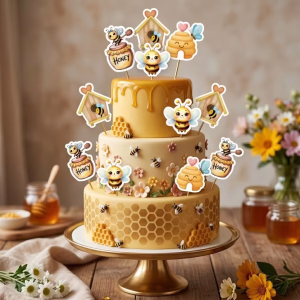 Set 12 Toppere Tort si Briose Albinute Honey set 12 toppere albinute honey carton decoratiuni tort briose cupcakes fete baieti petrecere botez candy bar miere albinuta