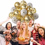 Set 15 Baloane Latex Aniversare 18 Ani Alb, Auriu Cromat si Confetti 25 cm Buchet de 15 baloane latex pentru aniversarea de 18 ani in nuante de alb auriu cromat si transparente cu confetti.