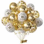 Set 15 Baloane Latex Aniversare 18 Ani Alb, Auriu Cromat si Confetti 25 cm Buchet de 15 baloane latex pentru aniversarea de 18 ani in nuante de alb auriu cromat si transparente cu confetti.