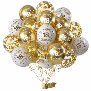 Set 15 Baloane Latex Aniversare 18 Ani Alb, Auriu Cromat si Confetti 25 cm Buchet de 15 baloane latex pentru aniversarea de 18 ani in nuante de alb auriu cromat si transparente cu confetti.