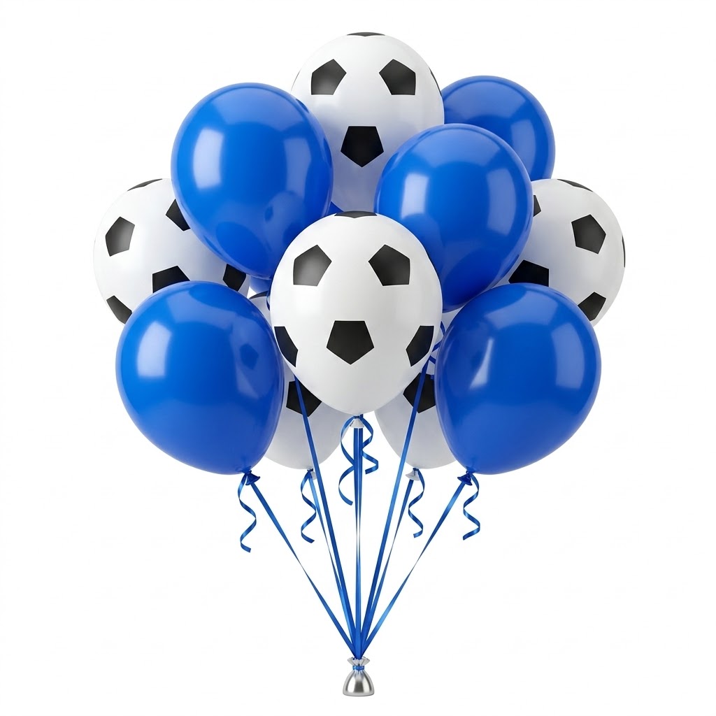 Set 15 Baloane Latex Imprimeu Minge Fotbal si Albastre 30 cm este alegerea perfecta pentru o petrecere de campioni. Comanda acum pe partybaloane si decoreaza! Buchet din set 15 baloane latex imprimeu minge fotbal si baloane albastre pentru petreceri tematice