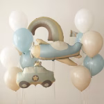 Set 15 Baloane Avion, Masina si Curcubeu Pastel Set 15 Baloane Petrecere Baieti: Avion, Masina, Curcubeu si Latex Pastel Buchet din 15 baloane pentru petrecere baieti, cu baloane folie avion, masina si curcubeu pastel, alaturi de baloane latex bleu, alb si sand white umflate cu heliu.