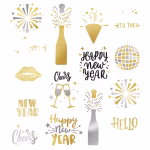 Set 15 Tatuaje Temporare Anul Nou Fericit Colectie de 15 tatuaje temporare elegante pentru petrecerea de Anul Nou, cu design auriu, argintiu si negru, incluzand sticle de sampanie, artificii, pahare si mesaje Happy New Year.
