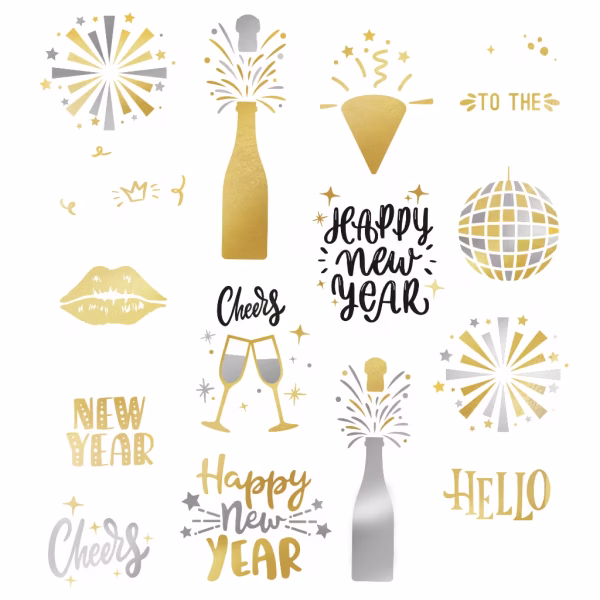 Set 15 Tatuaje Temporare Anul Nou Fericit Colectie de 15 tatuaje temporare elegante pentru petrecerea de Anul Nou, cu design auriu, argintiu si negru, incluzand sticle de sampanie, artificii, pahare si mesaje Happy New Year.