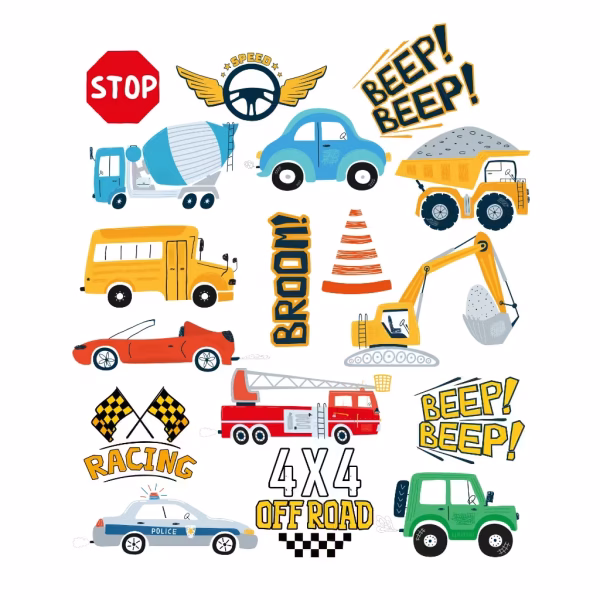 Set 17 Tatuaje Temporare Masini pentru Copii Colectie de 17 tatuaje temporare pentru copii cu tematica auto, incluzand excavator, masina de pompieri, masina de politie, autobuz si semne de circulatie.