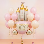 Set 18 Baloane Printesa Buchet festiv din 18 baloane cu tematica printesa, incluzand un castel auriu, o caleasca roz si baloane latex roz pal si sand white.