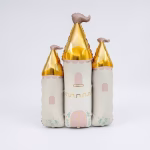 Set 18 Baloane Printesa Buchet festiv din 18 baloane cu tematica printesa, incluzand un castel auriu, o caleasca roz si baloane latex roz pal si sand white.