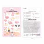Colectie de 19 modele de tatuaje temporare pentru petrecerea burlacitelor, incluzand inele cu diamant, buze, ochelari, pahare de cocktail si mesaje bride squad in culorile roz, auriu si negru.