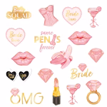 Colectie de 19 modele de tatuaje temporare pentru petrecerea burlacitelor, incluzand inele cu diamant, buze, ochelari, pahare de cocktail si mesaje bride squad in culorile roz, auriu si negru.