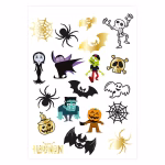 Set 19 Tatuaje Temporare Halloween Monstri Colectie de 19 tatuaje temporare de Halloween, incluzand un schelet, vampiri, zombi, dovleci zambitori, lilieci si paianjeni cu accente aurii si negre.