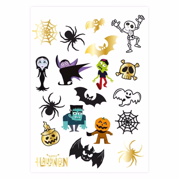 Set 19 Tatuaje Temporare Halloween Monstri Colectie de 19 tatuaje temporare de Halloween, incluzand un schelet, vampiri, zombi, dovleci zambitori, lilieci si paianjeni cu accente aurii si negre.