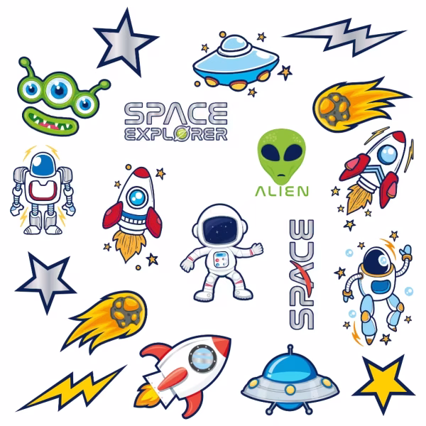 Set 19 Tatuaje Temporare Spatiu si Astronauti Colectie de 19 tatuaje temporare cu tematica spatiu pentru copii, incluzand astronauti, rachete spatiale, OZN-uri, extraterestri, meteoriti si stele.