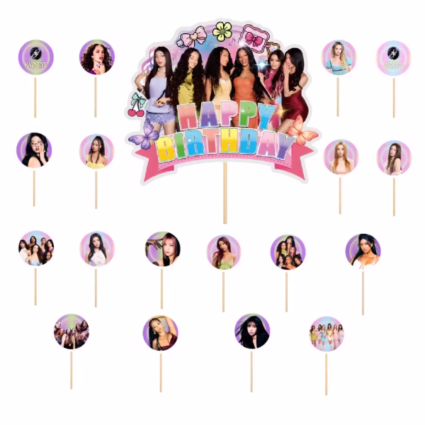 set 19 toppere tort katseye set 19 toppere tort katseye k-pop fete trupa muzicala decoratiuni petrecere adolescente happy birthday candy bar briose carton fluturi pastel y2k