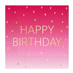 Set 20 Servetele Party Roz Happy Birthday, 2 Straturi, 33x33 cm, Procos Servetel de petrecere roz in degrade cu mesajul Happy Birthday si ploaie de confetti aurii, marca Procos, dimensiune 33x33 cm.