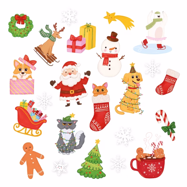 Set 20 Tatuaje Temporare Craciun Copii si Familie Colectie de 20 de tatuaje temporare de Craciun pentru copii, incluzand Mos Craciun, om de zapada, ren, turta dulce si animalute festive.