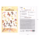 Set 21 Tatuaje Temporare Copii, Tematica Cai si Echitatie Colectie de 21 de tatuaje temporare pentru copii cu tematica echitatie, incluzand caluti colorati, potcoave aurii, trofee, panglici si mesaje haioase.