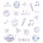 Set 21 Tatuaje Temporare Discoteca Argintii, Decor Petrecere Disco Colectie de 21 de tatuaje temporare argintii stralucitoare cu tematica discoteca, incluzand globuri disco, note muzicale, stele si mesaje de petrecere.