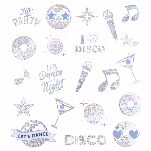 Set 21 Tatuaje Temporare Discoteca Argintii, Decor Petrecere Disco Colectie de 21 de tatuaje temporare argintii stralucitoare cu tematica discoteca, incluzand globuri disco, note muzicale, stele si mesaje de petrecere.