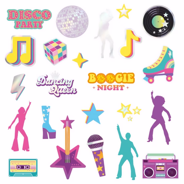 Set 23 Tatuaje Temporare Retro Disco, Decor Petrecere Anii '80 Colectie de 23 de tatuaje temporare cu tematica retro disco, incluzand patine cu rotile, casetofon, cub rubik, siluete de dansatori si textul Dancing Queen.