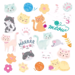 Set 23 Tatuaje Temporare pentru Copii, Tematica Pisici (Meow) Colectie de 23 de tatuaje temporare pentru copii, incluzand pisicute colorate, labute, ghemuri de ata si mesajul meow.