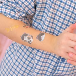 Set 23 Tatuaje Temporare pentru Copii, Tematica Pisici (Meow) Colectie de 23 de tatuaje temporare pentru copii, incluzand pisicute colorate, labute, ghemuri de ata si mesajul meow.
