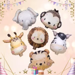 Set 6 Baloane Folie Cap Animalute Safari, Design Acuarela Set de 6 baloane din folie in forma de capete de animale safari, cu design acuarela, incluzand un elefant, o maimuta, o girafa, un leu, o zebra si un tigru.
