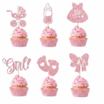 Set 6 Toppere Tort si Briose Tematica Girl Roz Glitter 8 cm Set de 6 toppere roz cu glitter pentru decorare briose cu figurine carucior biberon rochita fundita si text girl.