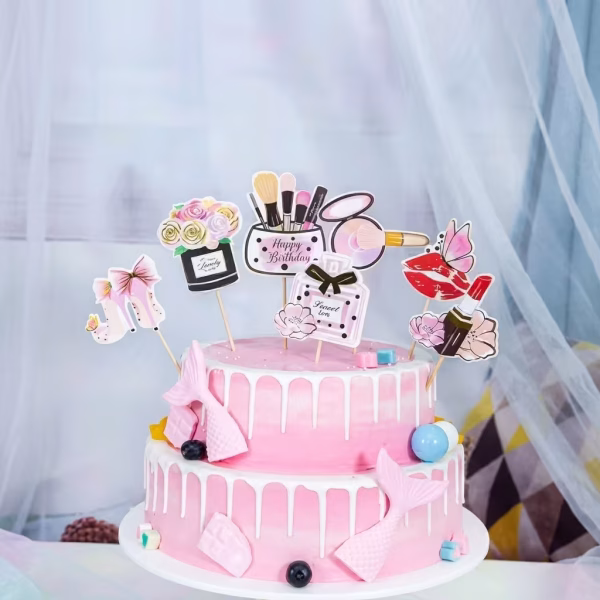 Set 7 Toppere Tort Makeup si Cosmetice set 7 toppere tort makeup cosmetice carton decoratiuni petrecere femei fete machiaj trusa pensule parfum pantofi beauty