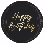 Set 8 Farfurii Carton Elegant Happy Birthday, Negru cu Auriu, 23 cm, Procos Farfurie din carton pentru petreceri, fundal negru intens cu text auriu cursiv Happy Birthday, dimensiune 23 cm, marca Procos.