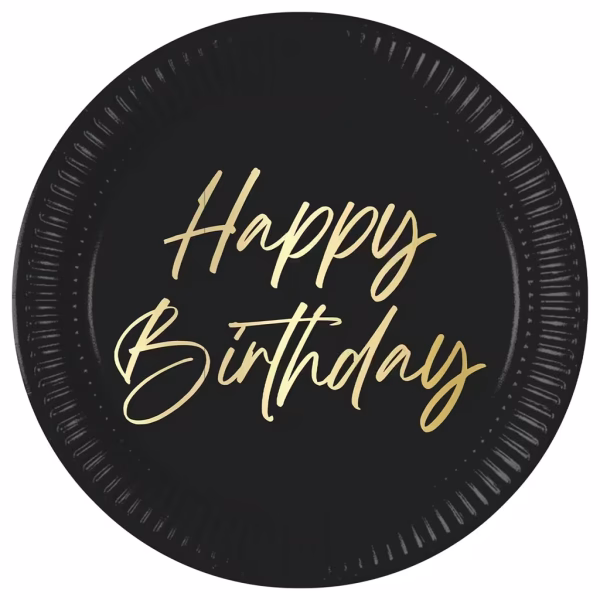 Set 8 Farfurii Carton Elegant Happy Birthday, Negru cu Auriu, 23 cm, Procos Farfurie din carton pentru petreceri, fundal negru intens cu text auriu cursiv Happy Birthday, dimensiune 23 cm, marca Procos.