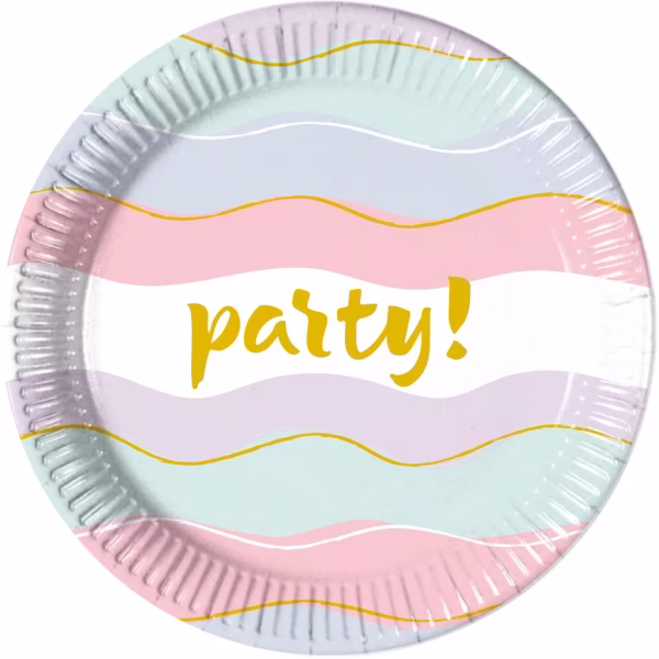 Set 8 Farfurii Carton Elegant Party, 23 cm, Procos Farfurie din carton pentru petreceri, design in valuri pastelate cu detalii aurii si textul party, dimensiune 23 cm, marca Procos.