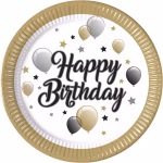 Set 8 Farfurii Carton Happy Birthday Milestone, 23 cm, Procos Farfurie din carton pentru petreceri, design alb cu margine aurie eleganta, decorata cu ilustratii de baloane si mesajul Happy Birthday, dimensiune 23 cm, marca Procos.