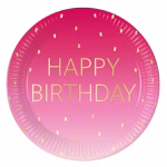 Set 8 Farfurii Carton Roz Happy Birthday, 23 cm, Procos Farfurie din carton pentru petreceri, design roz in degrade (ombre) cu text auriu Happy Birthday si confetti, dimensiune 23 cm, marca Procos.