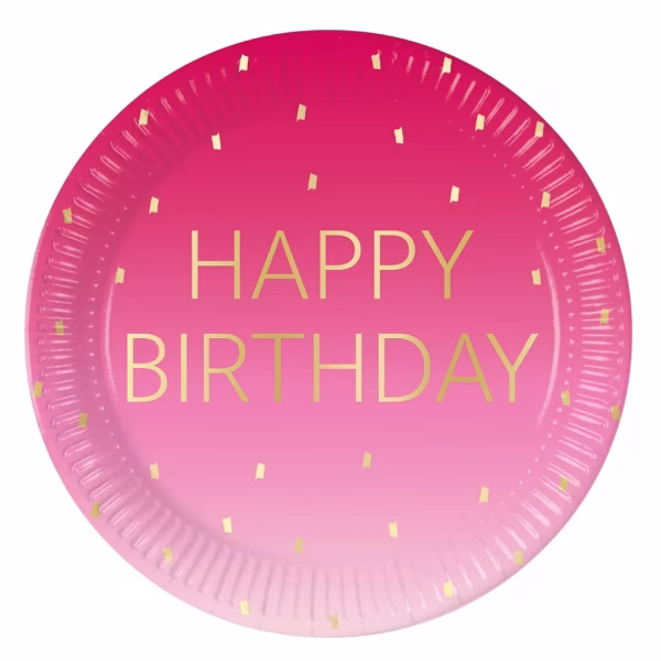 Set 8 Farfurii Carton Roz Happy Birthday, 23 cm, Procos Farfurie din carton pentru petreceri, design roz in degrade (ombre) cu text auriu Happy Birthday si confetti, dimensiune 23 cm, marca Procos.