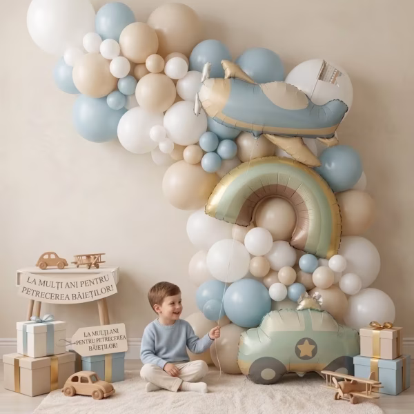 Set Ghirlanda Baloane Baieti Avion Masinuta Curcubeu (126 Piese) Set Ghirlanda Baloane Baieti Avion Masinuta Curcubeu (126 Piese) Kit complet pentru ghirlanda de baloane eleganta, contine 123 baloane din latex nuante sand bej, alb, bleu si 3 baloane din folie mari in forma de avion vintage, masinuta si curcubeu.