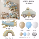 Set Ghirlanda Baloane Baieti Avion Masinuta Curcubeu (126 Piese) Set Ghirlanda Baloane Baieti Avion Masinuta Curcubeu (126 Piese) Kit complet pentru ghirlanda de baloane eleganta, contine 123 baloane din latex nuante sand bej, alb, bleu si 3 baloane din folie mari in forma de avion vintage, masinuta si curcubeu.